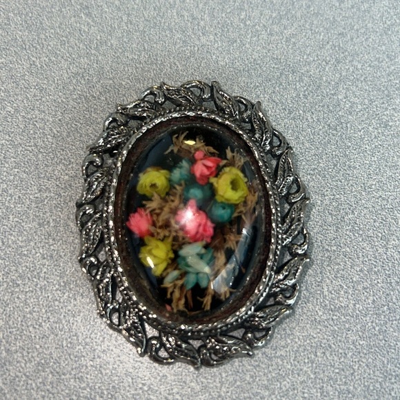 Vtg Victorian Dried Flower Brooch Pendant - Picture 2 of 5